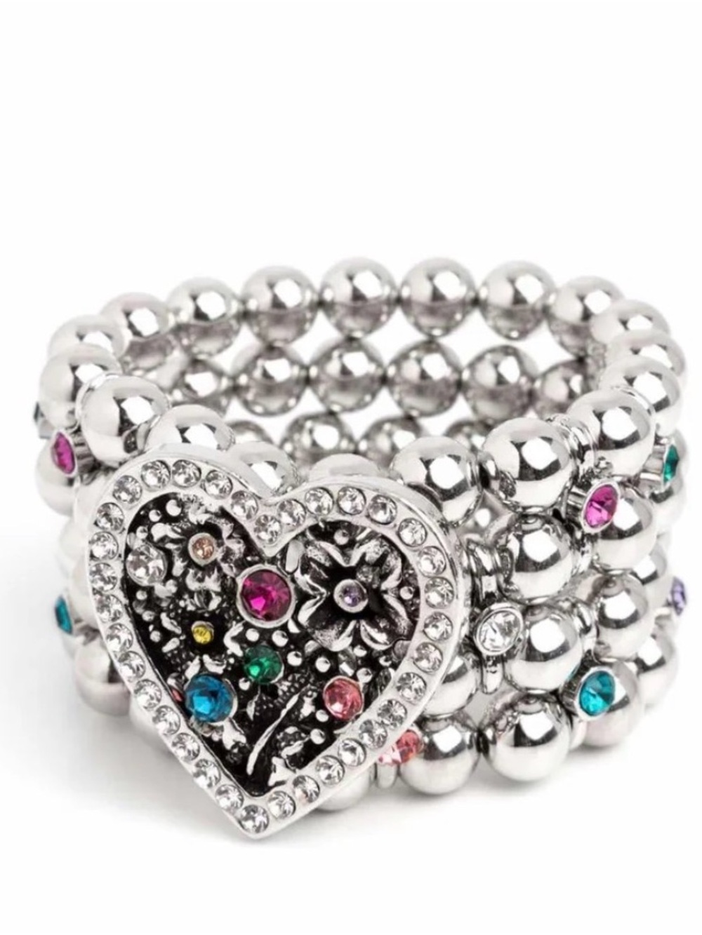 Colorful Rhinestone Heart Multi-Strand Silver Beaded Stretch Statement Bracelet